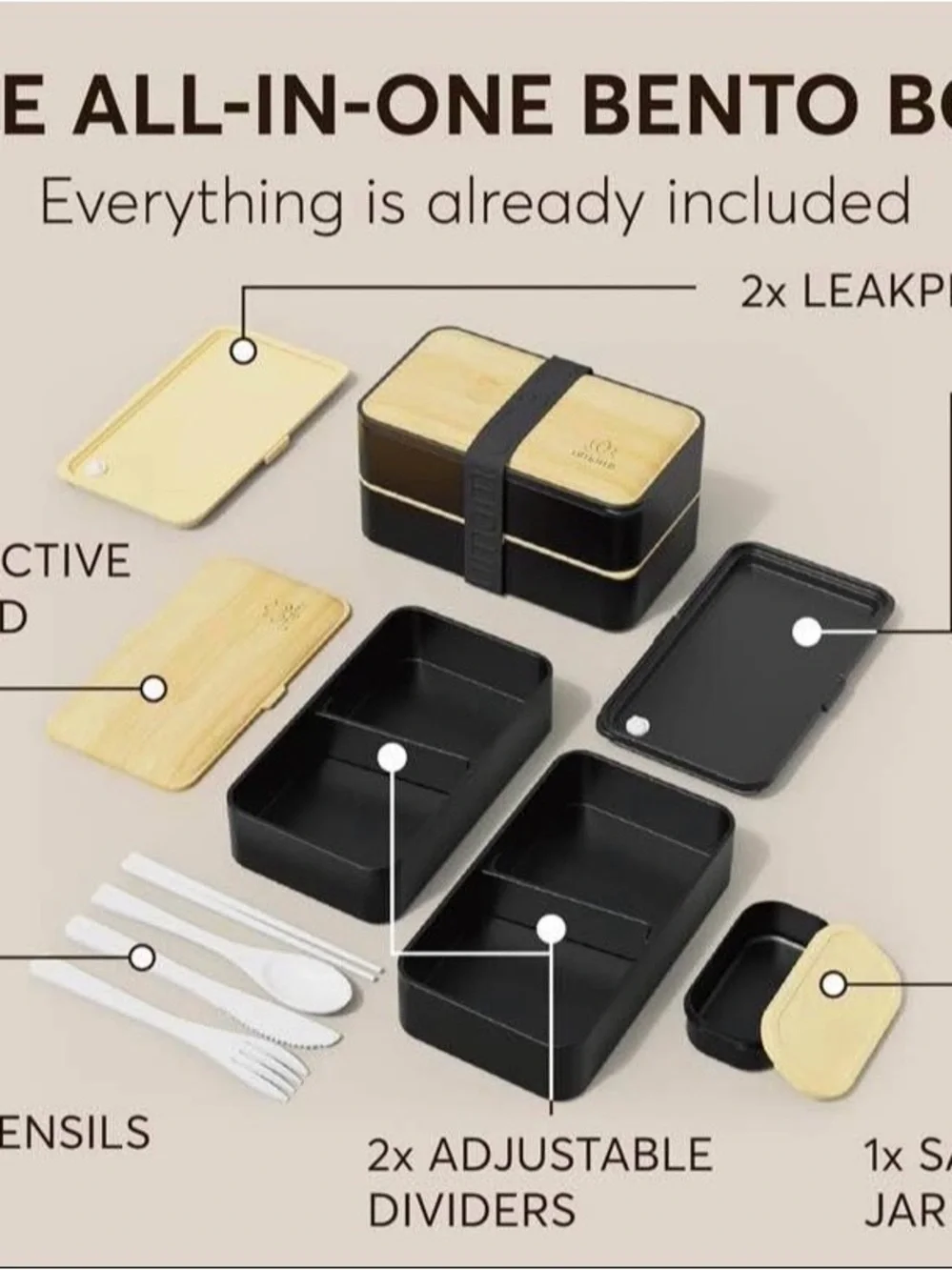 NEW - Bento Box Adult All-In-1 w/4 Utensils, Big Sauce Jar, 2 Dividers